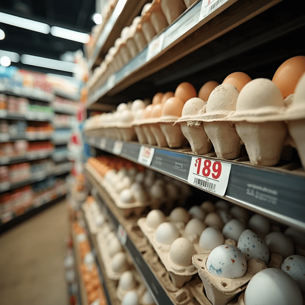 AI generated: a shelf in a supermarket filled with egg cartons, on the shelf hangs a price tag with the number "18...