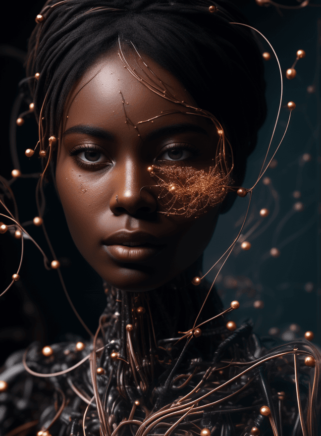 AI generated: cinematic close-up photo of an ethereal neural network organism, divine dark skin woman, anatomical ...