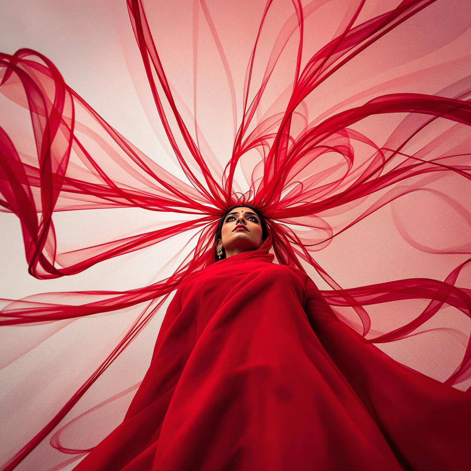 AI generated: Fashion photograph in the style of “bug’s-eye view” of a beautiful 45yo old Indian women wearing flo...