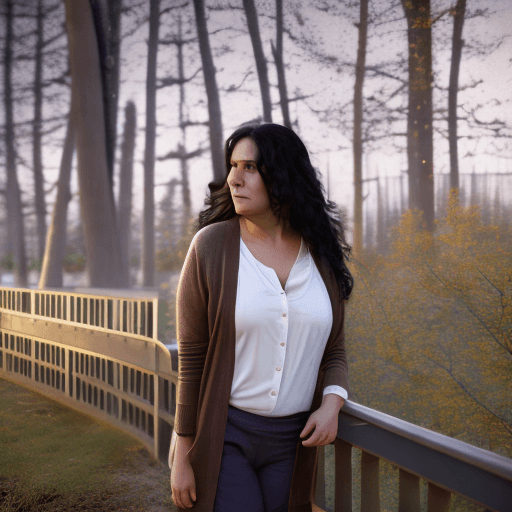 AI generated: A woman with dark wavy hair stands outdoors at dusk, facing the camera with a serious expression. Sh...