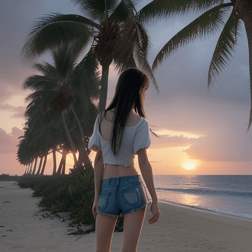 AI generated: a skinny young girl, age 11, in tattered shorts and shirt, with the wind blowing her long hair, is l...