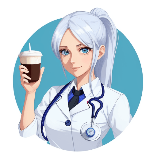 AI generated: ULTRA cute medical women, 2D, BLUE EYES, WITH COFFE CUP, VICTORY SIGN HAND, white background outline...