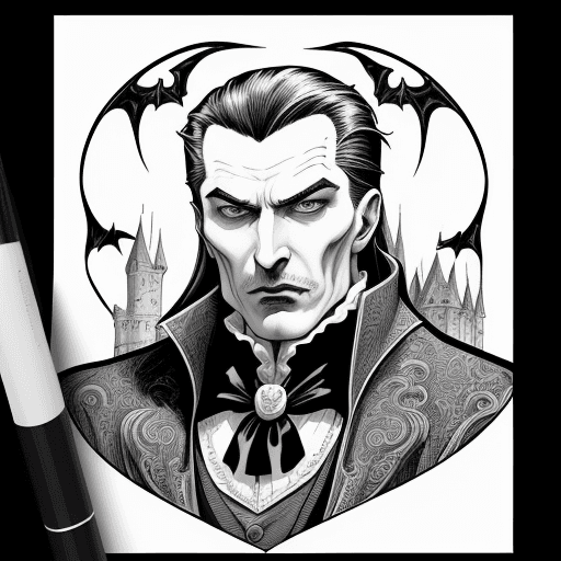 AI generated: Dracula in castle, black lines white background, clean simple line art, no background, clean colorin...