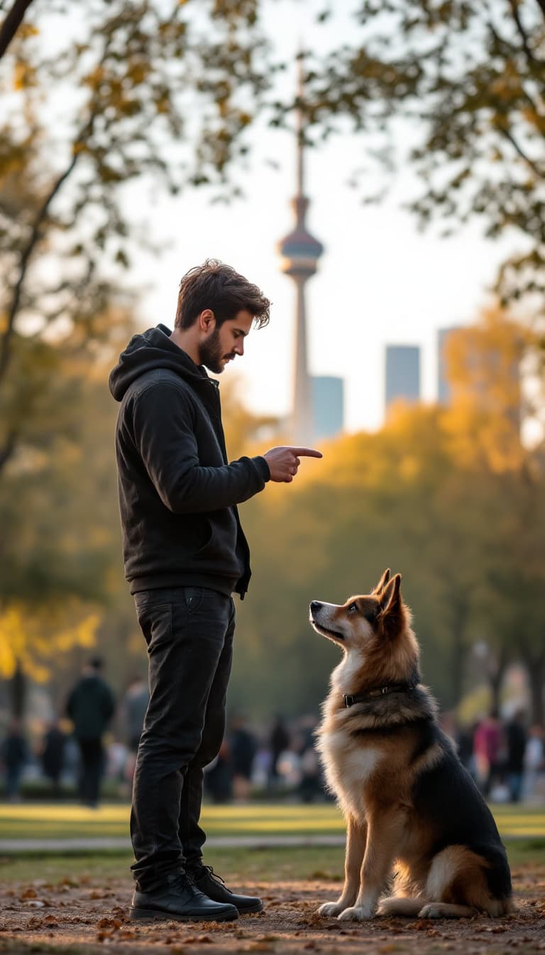 AI generated: A young man is commanding his dog to sit in a park in Tehran. He extends his hand with his index fin...