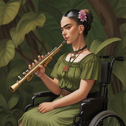 AI generated: young woman, nature, playing clarinet, wheelchair, frida kahlo style