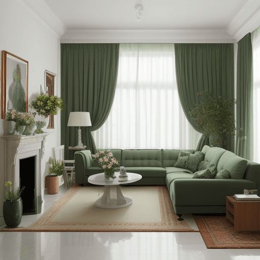 AI generated: A peaceful and clean home environment, with a dining table as a close-up view and a sofa and curtain...