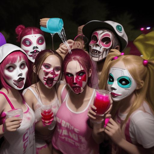 AI generated: 
sorority costume party The Purge and Saw , having water fight with cherry koolaid wide angle natura...