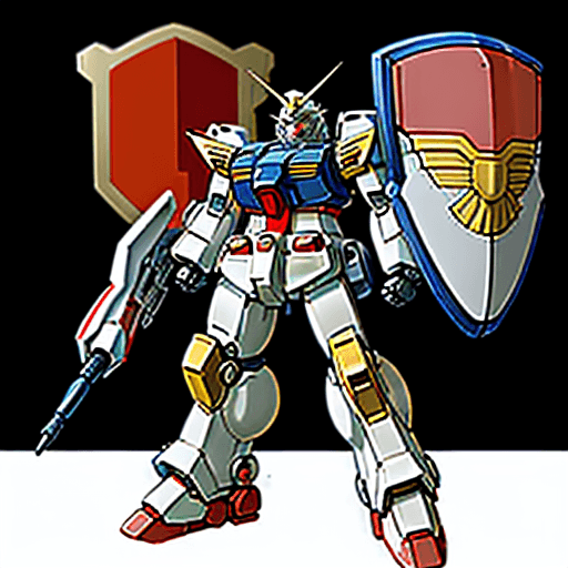 AI generated: illustration of RX-78-2 Gundam, with shield and weapon, in the style of Kunio Okawara, anime, Mobile...