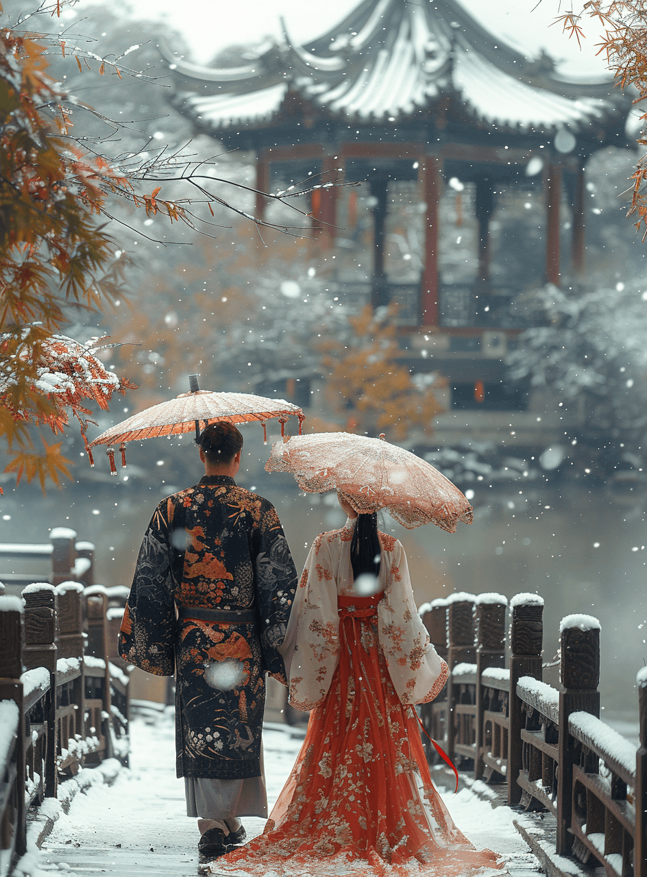 AI generated: Chinese style, ethereal characters, two people in Hanfu wedding walking in the white snow of an anci...