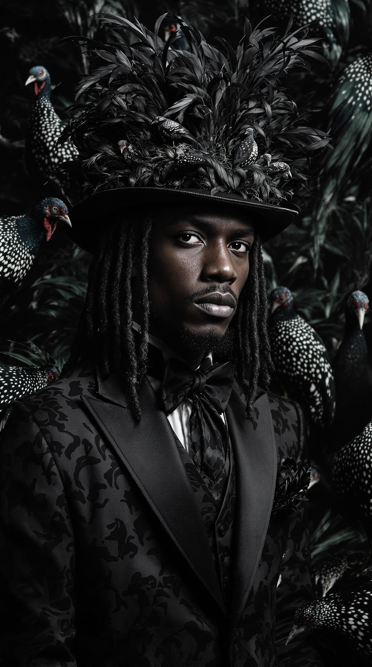 AI generated: Black man in a gothic paradise fashion editorial