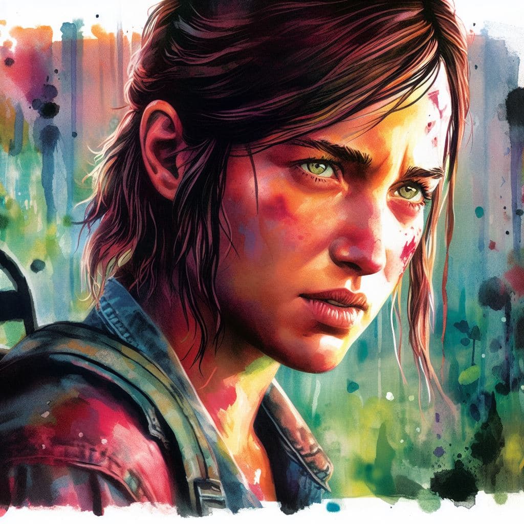AI generated: Ellie from HBO's "The Last of Us" series portrayed in a vibrant, watercolor illustration, capturing ...