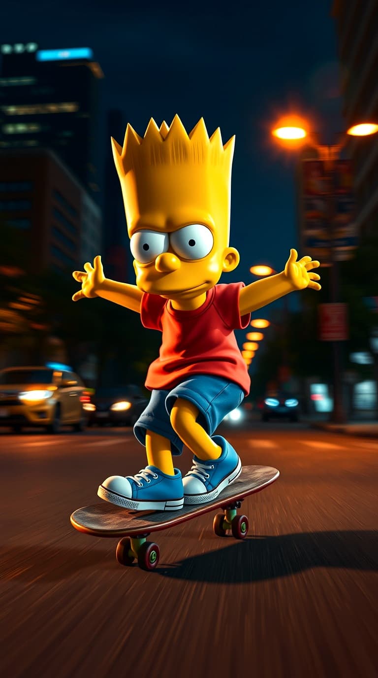 AI generated: A 3D, pixar style animated, wide angle image of Bart Simpson skateboarding on his red with black whe...