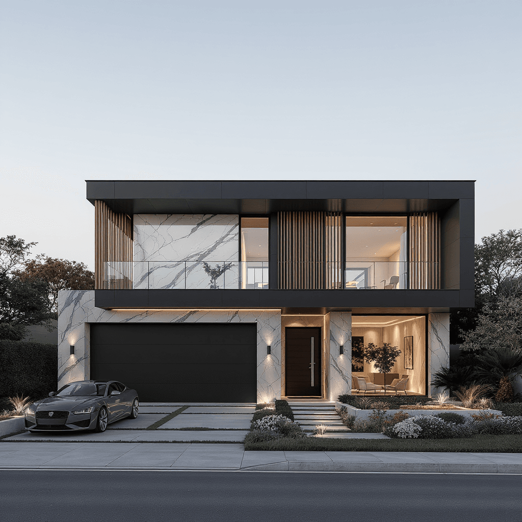 AI generated: A modern two-story luxury house with a flat roof and a dark gray and black exterior facade. The desi...