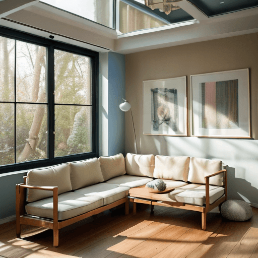 AI generated: High resolution photography interior design, dreamy sunken living room conversation pit, wooden floo...