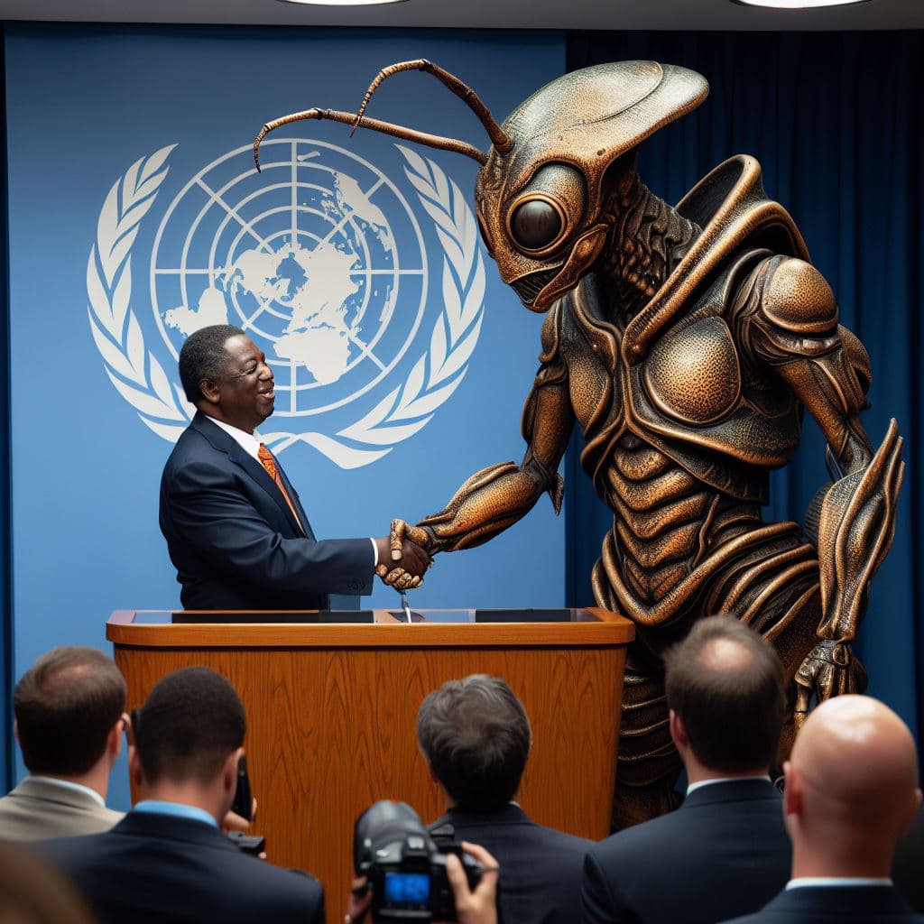 AI generated: Press briefing at the UN in New York, The Secretary General of the UN is shaking hands with a insect...