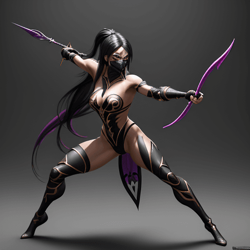 AI generated: Full body photoshoot of action pose motion  incredible "Mileena" with half face mask,  and Trident D...