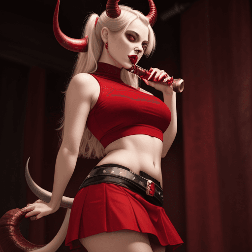 AI generated:  woman, horn, tail, devil, red, crop top, skirt, lip bite, 