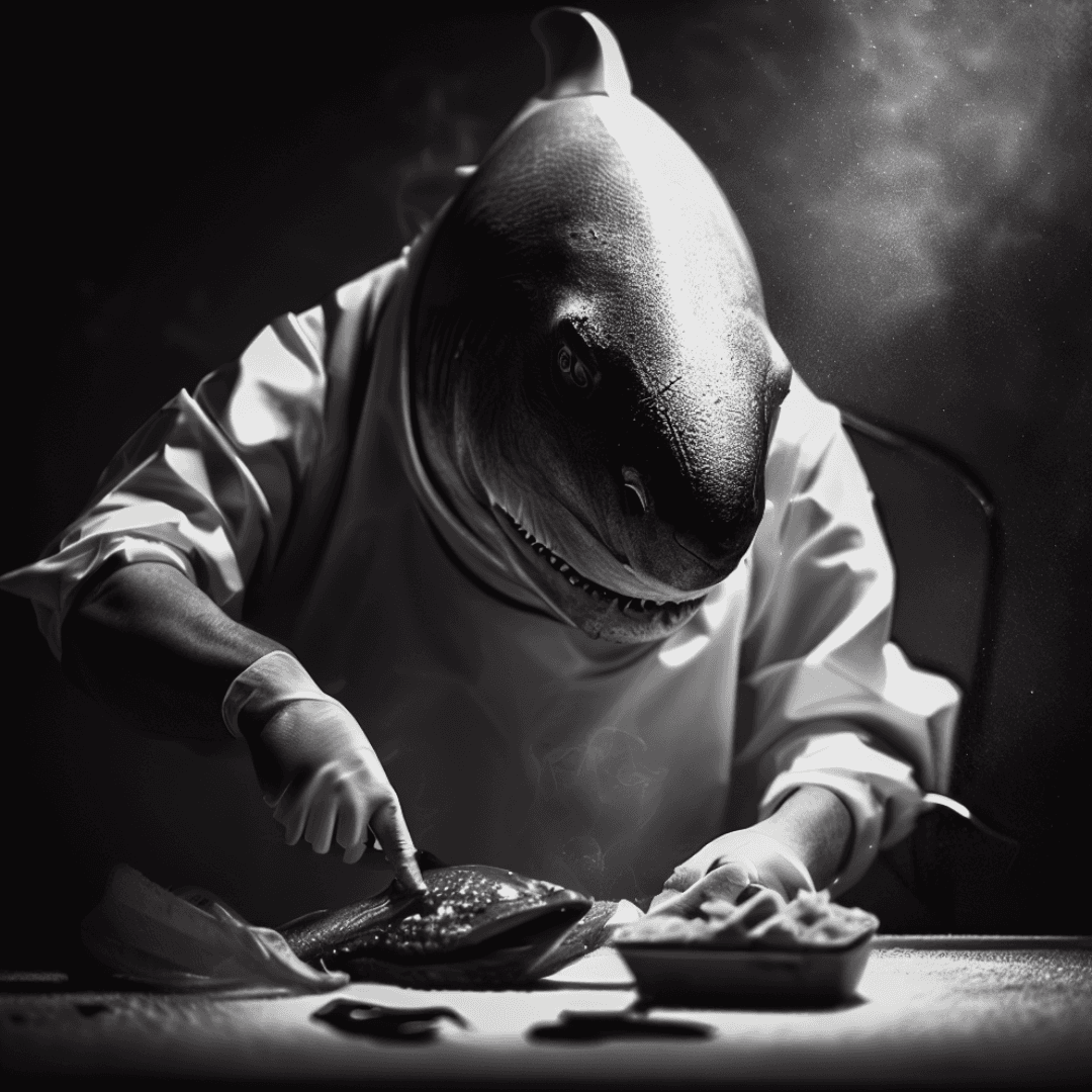AI generated: an anthropomorphic shark | dressed like a surgeon | spreading salt like salt bae | with a cut of mea...