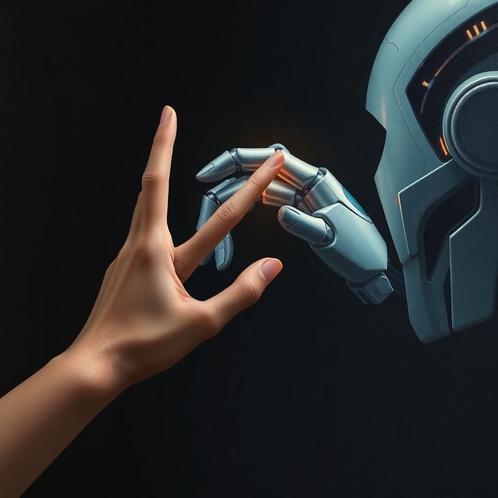 AI generated: A female hand reaching out to touch the finger of an advanced robot, detailed realistic painting in ...