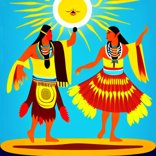 AI generated: Native Americans in traditional costumes performing the Sun Dance, vector graphics image