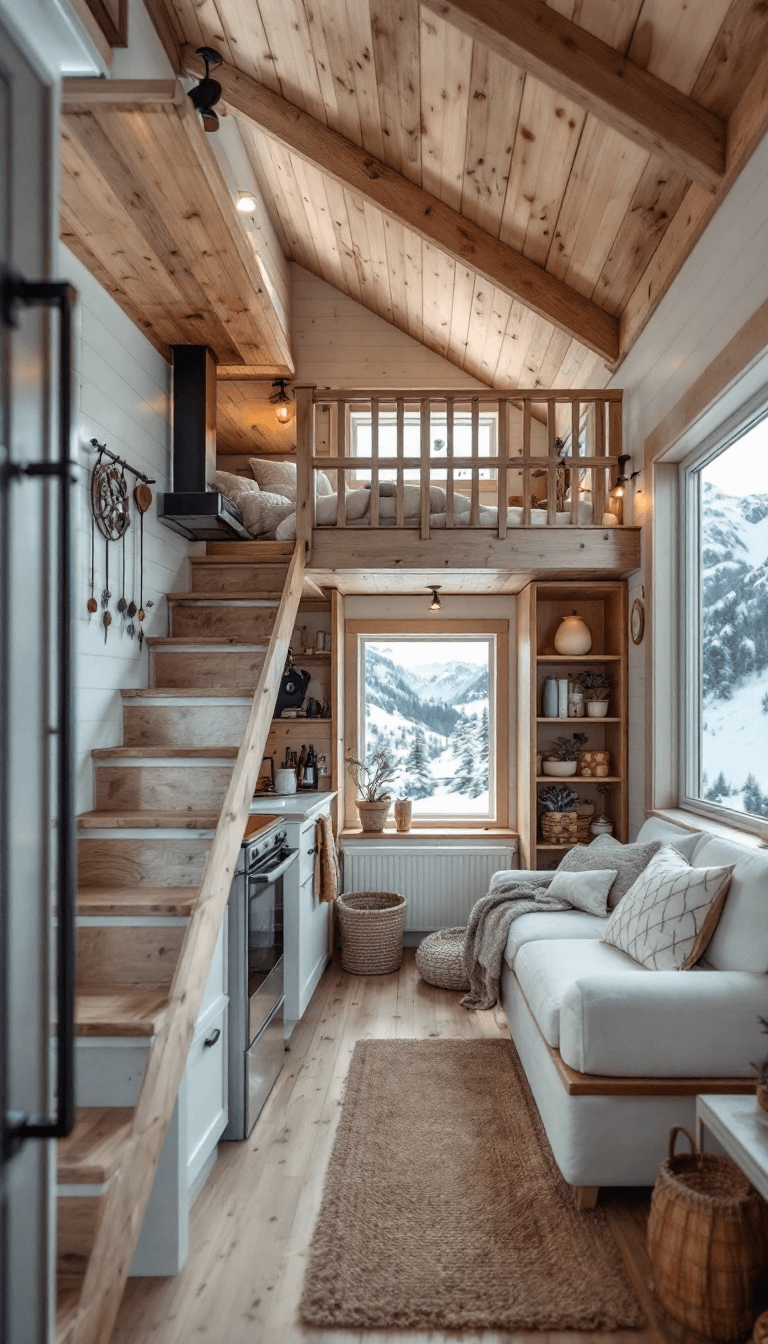 AI generated: photo of a tiny house with 2 floors, cozy white and wood interior, small space, minimalistic decor, ...