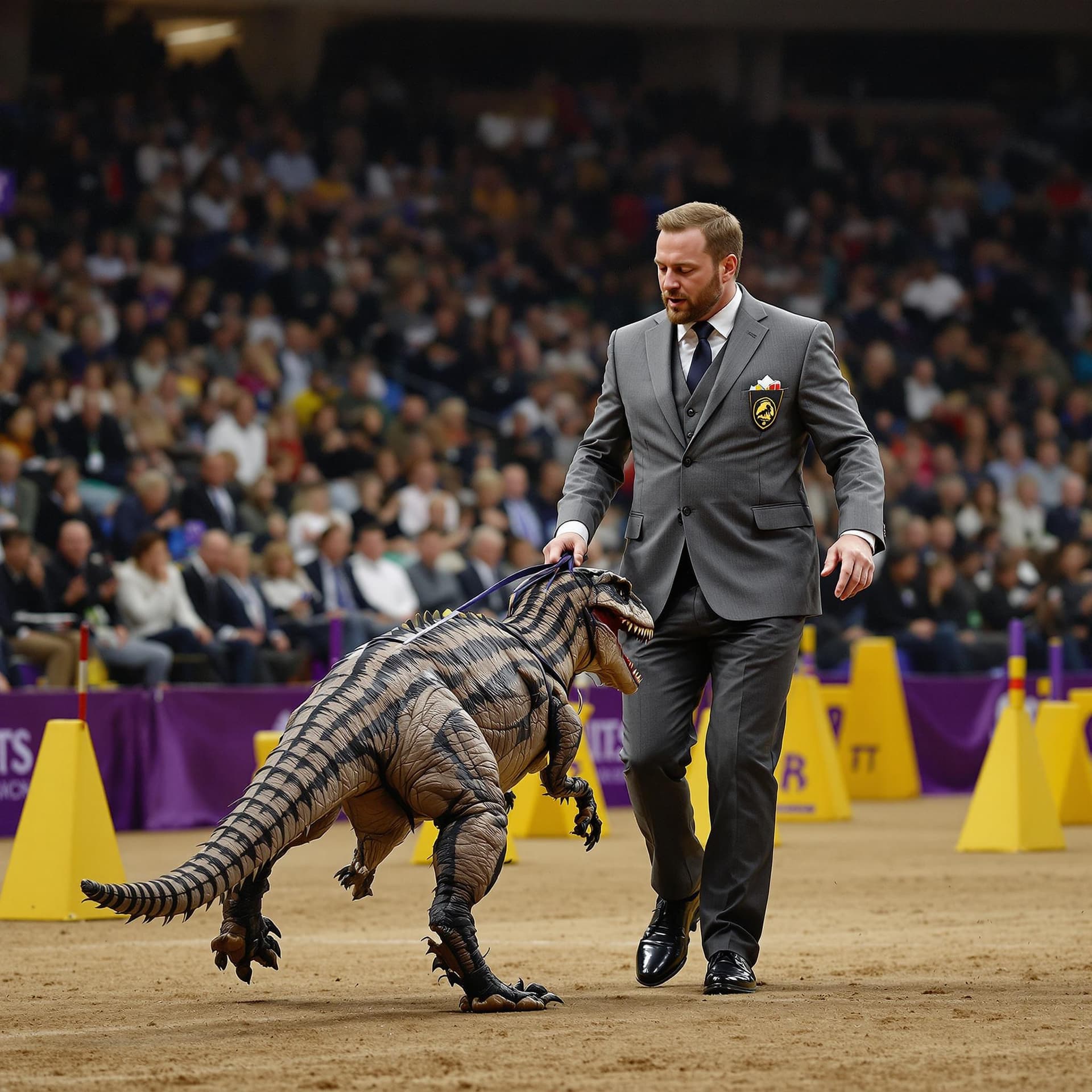 AI generated: in the style of Crufts, a highly realistic man is walking round with a detailed pet velociraptor on ...