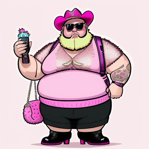AI generated: overweight, old male, Pink fuzzy short sleeve type sweater, arm  tattoo, Pink, sequin, Knee length t...