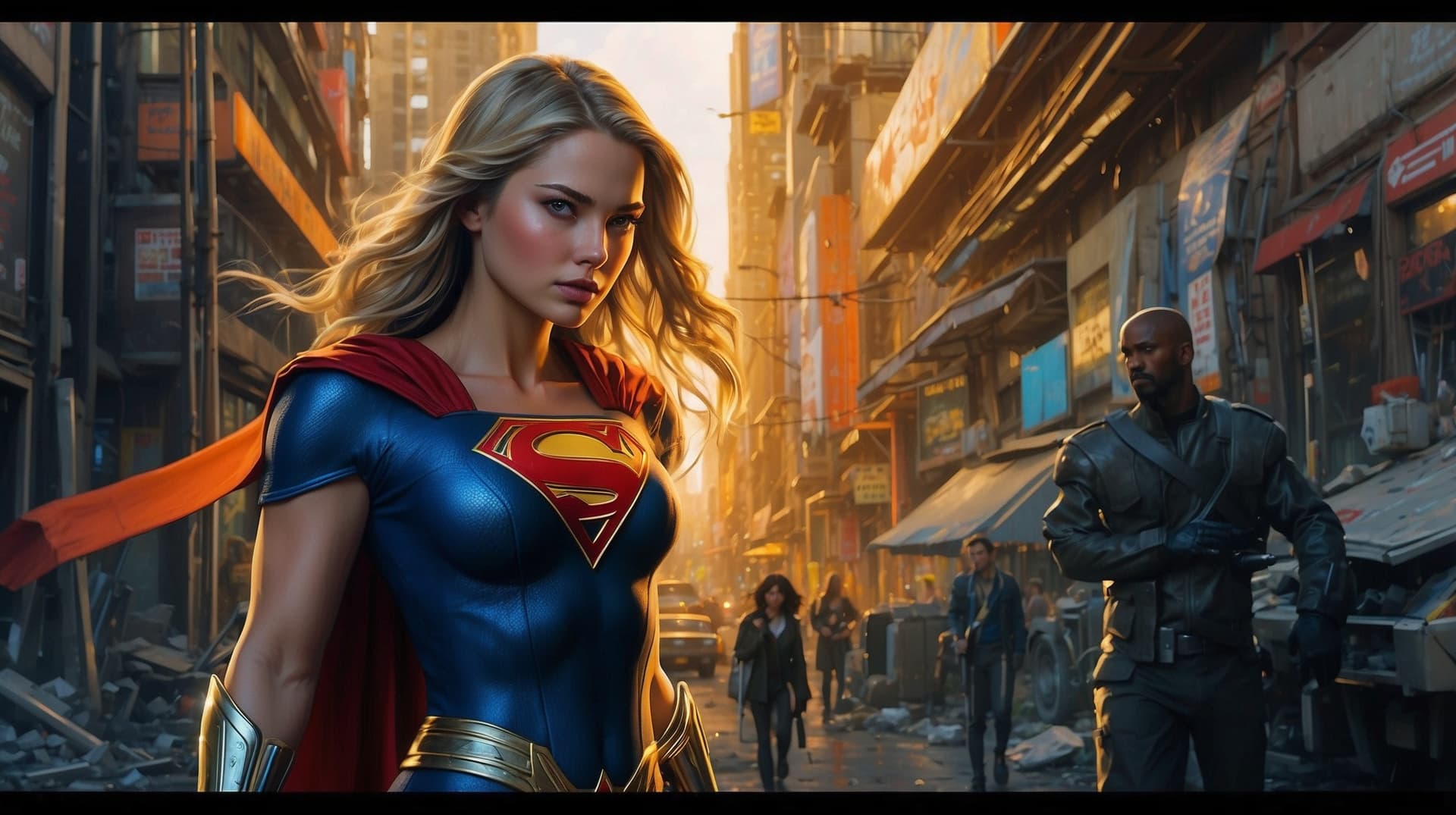 AI generated: a masterpiece, supergirl and wonderwoman from dc comic fused wearing alternate black costume, coy an...
