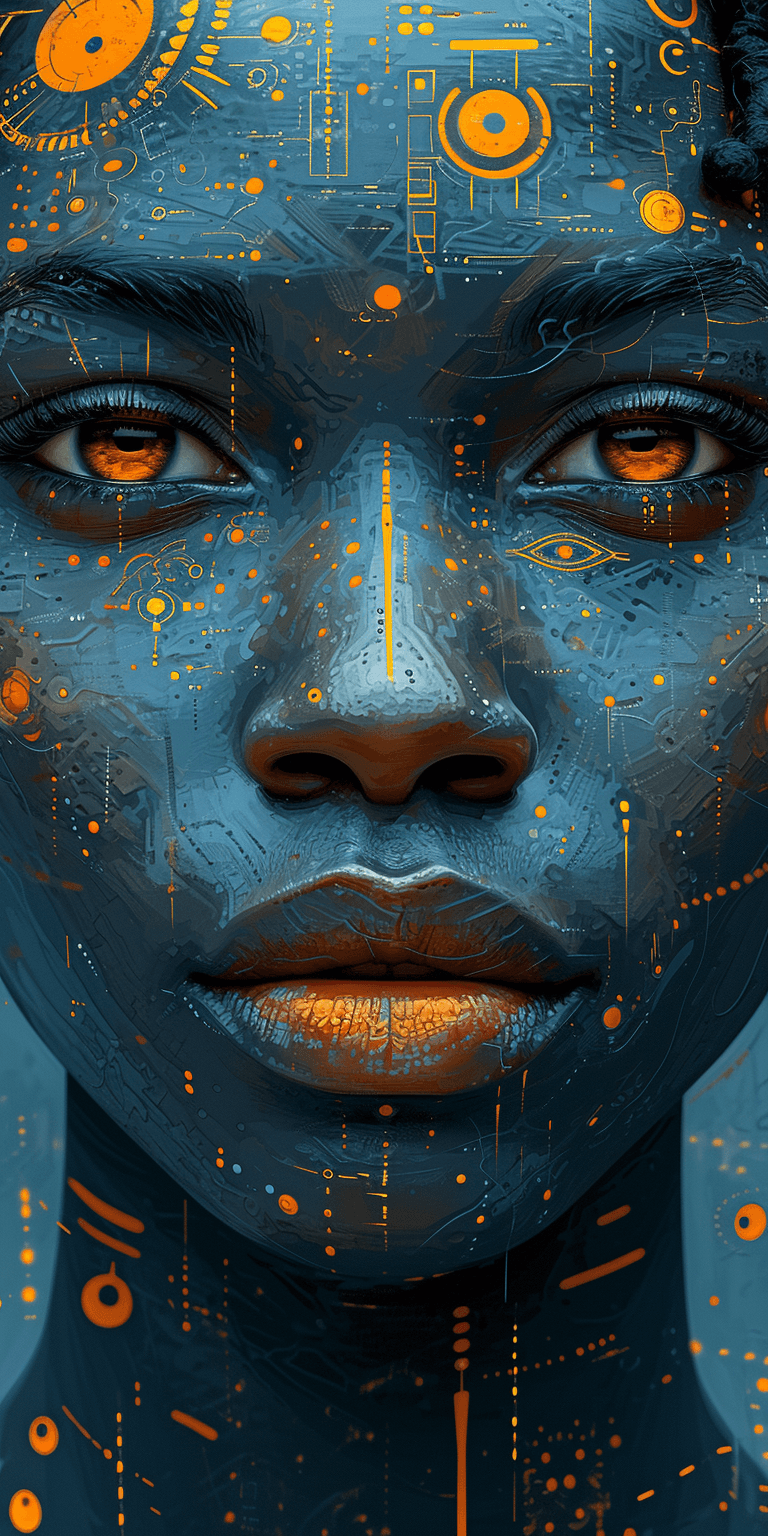 AI generated: female face, in the style of afrofuturism, george callaghan, engineering/construction and design, po...