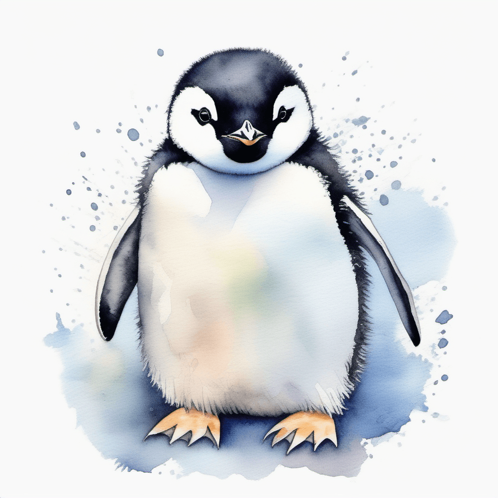 AI generated: young round penguin, highly detailed fine pencil lines, watercolour painting, japanese style, pastel...