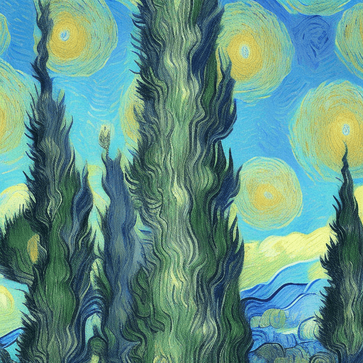 AI generated: seamless pattern, cypresses from van gogh paintings, light blue background, impressionism style, hig...