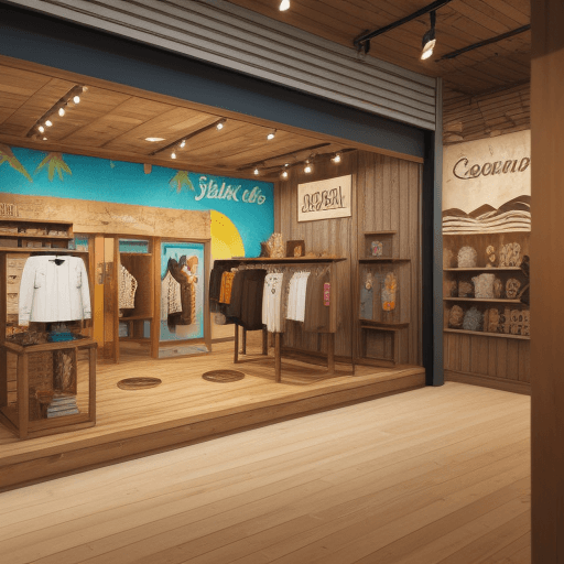 AI generated: a clothing store seen from the inside, with wood and metals, adorned with beach colors, a central bo...