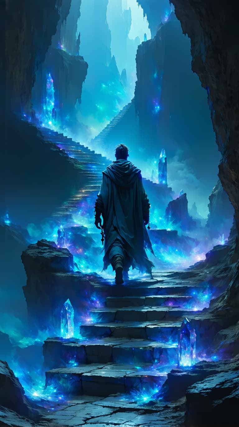 AI generated: A lone, mystical figure ascends a floating staircase of ancient stone, suspended in an ethereal void...