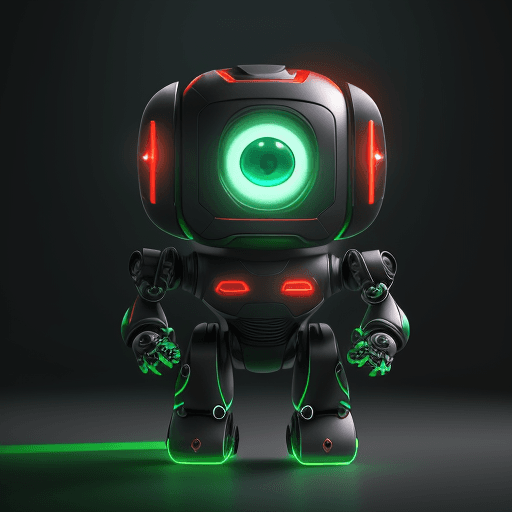 AI generated: small robot, cute, pixar, unreal engine, tron, hyper detailed, volumetric lighting, red black and gr...