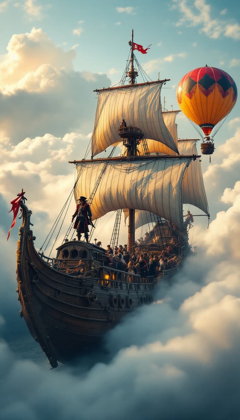 AI generated: A majestic wooden ship with hot air balloons, in the style of steampunk, floating in the sky, surrou...