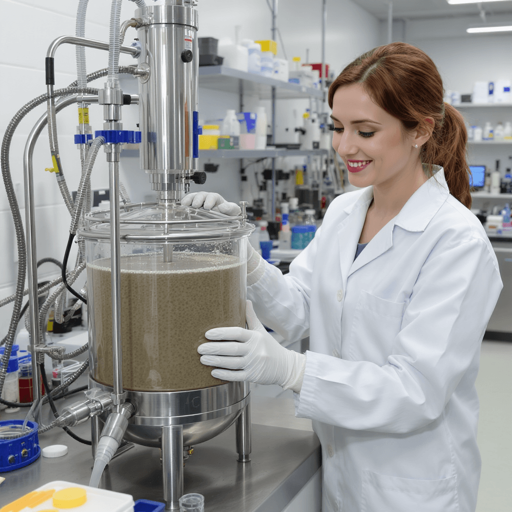 AI generated: A realistic image of a pilot-scale stainless steel bioreactor in operation, containing light brown g...