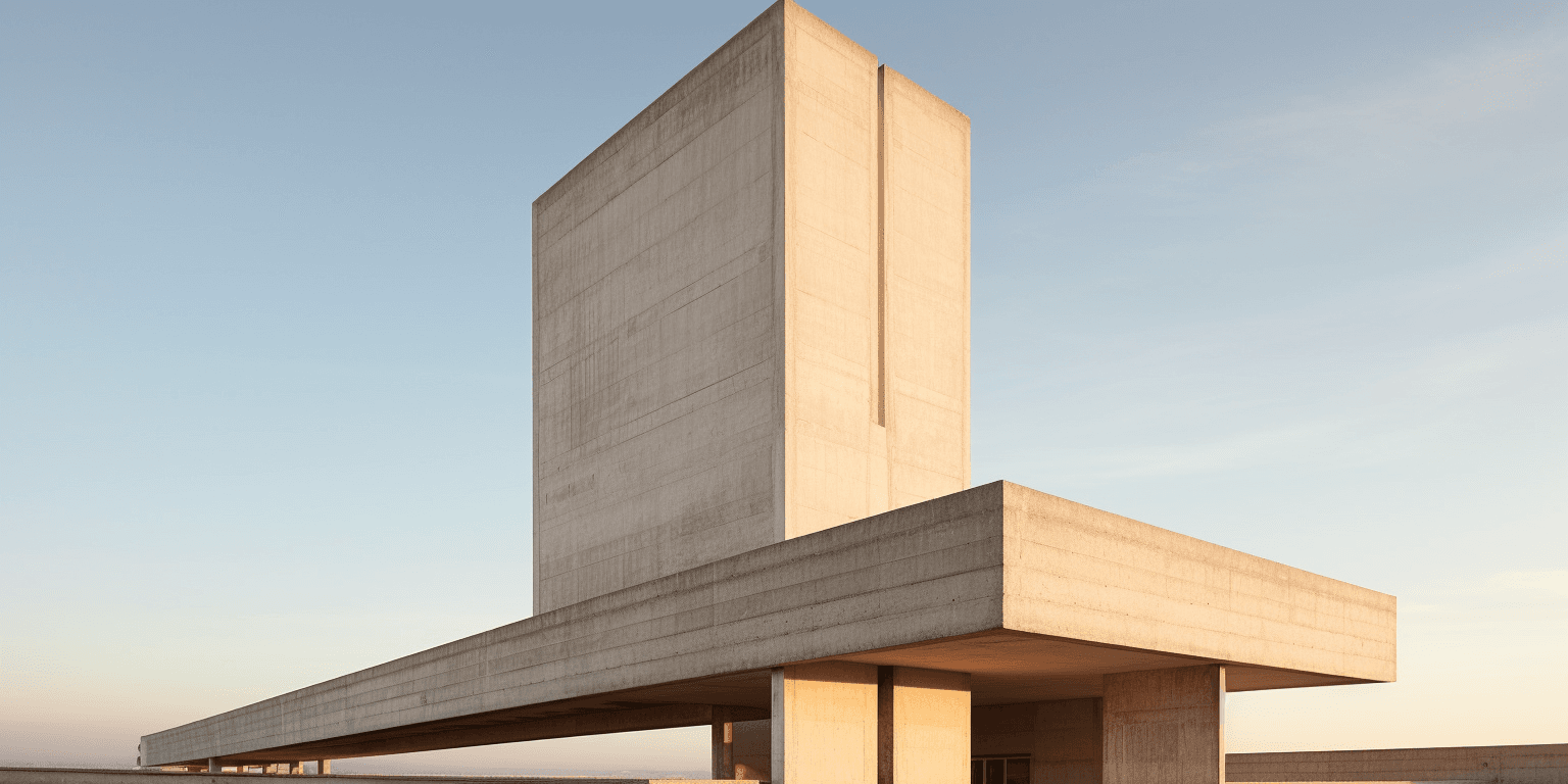 AI generated: photoof a brut concrete architecture like a tall disfunctional building, placeless in minimal design...