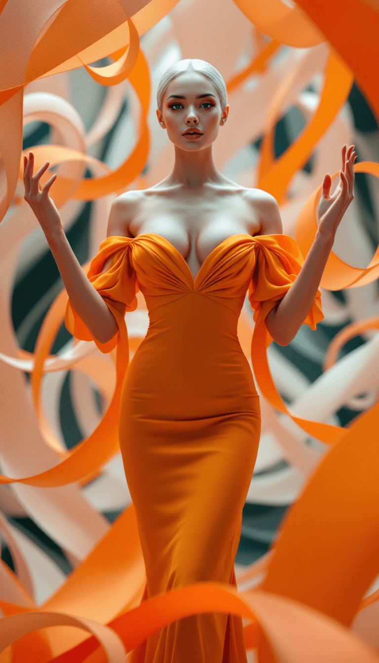 AI generated: The image features a woman standing confidently with both hands lightly touching the swirling, ribbo...
