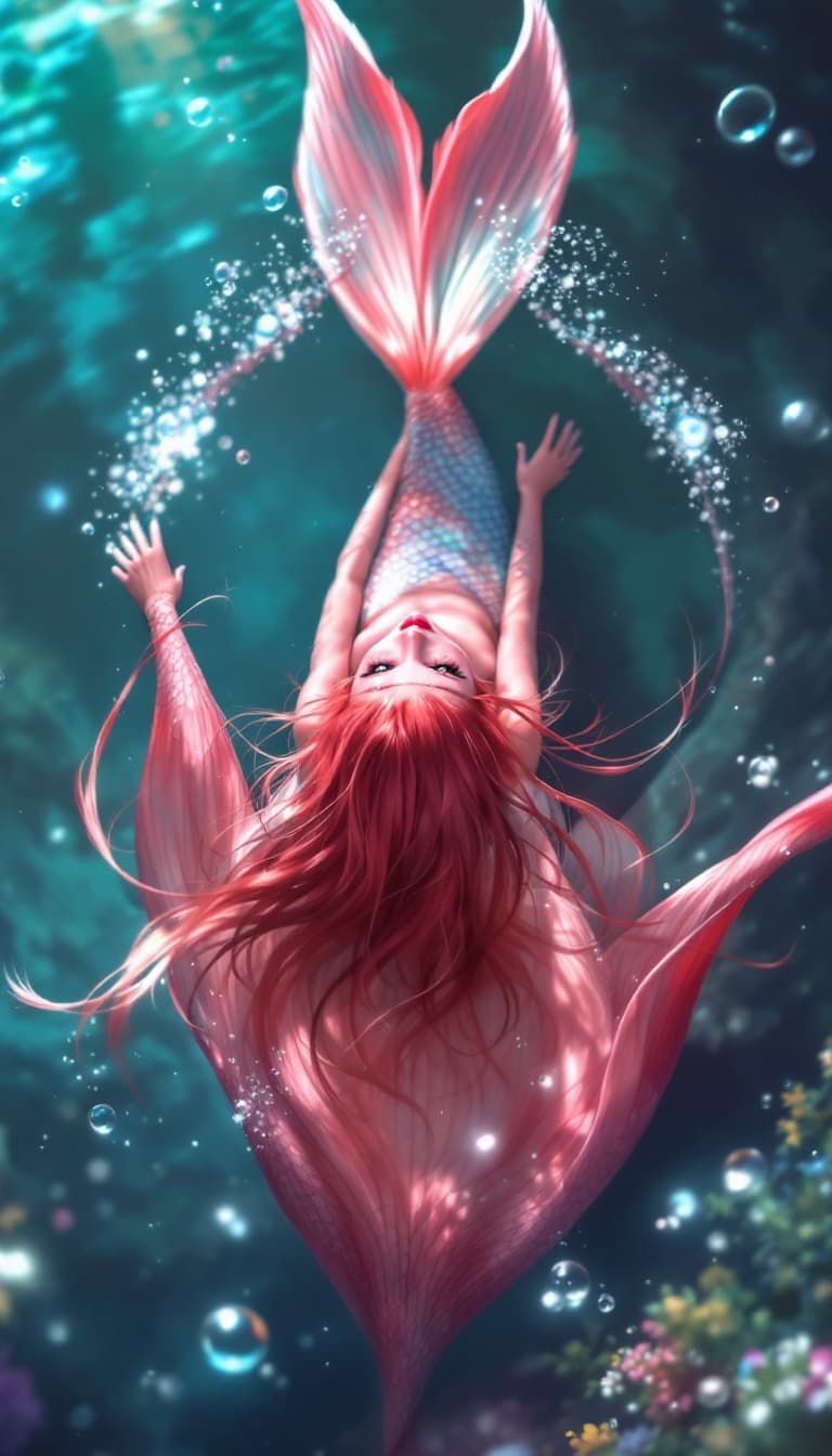 AI generated: The mermaid is swimming in the sea, with pink skin, a big tail raised, facing me, with a beautiful f...