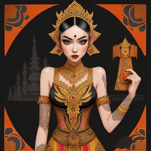 AI generated: slim pretty young female drawing in javanese culture multicolored costume, in the style of gloomy me...