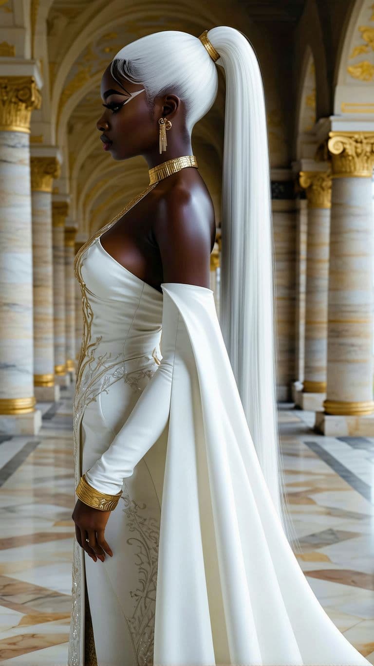 AI generated: "A regal Black woman with midnight-toned skin, her long, straight white hair styled in a high ponyta...