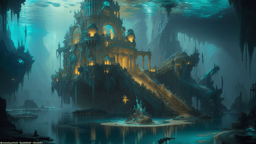AI generated: ((dreamy sunken mythical city of "Atlantis")) , photorealistic masterpiece Jeremy Mann, intricately ...