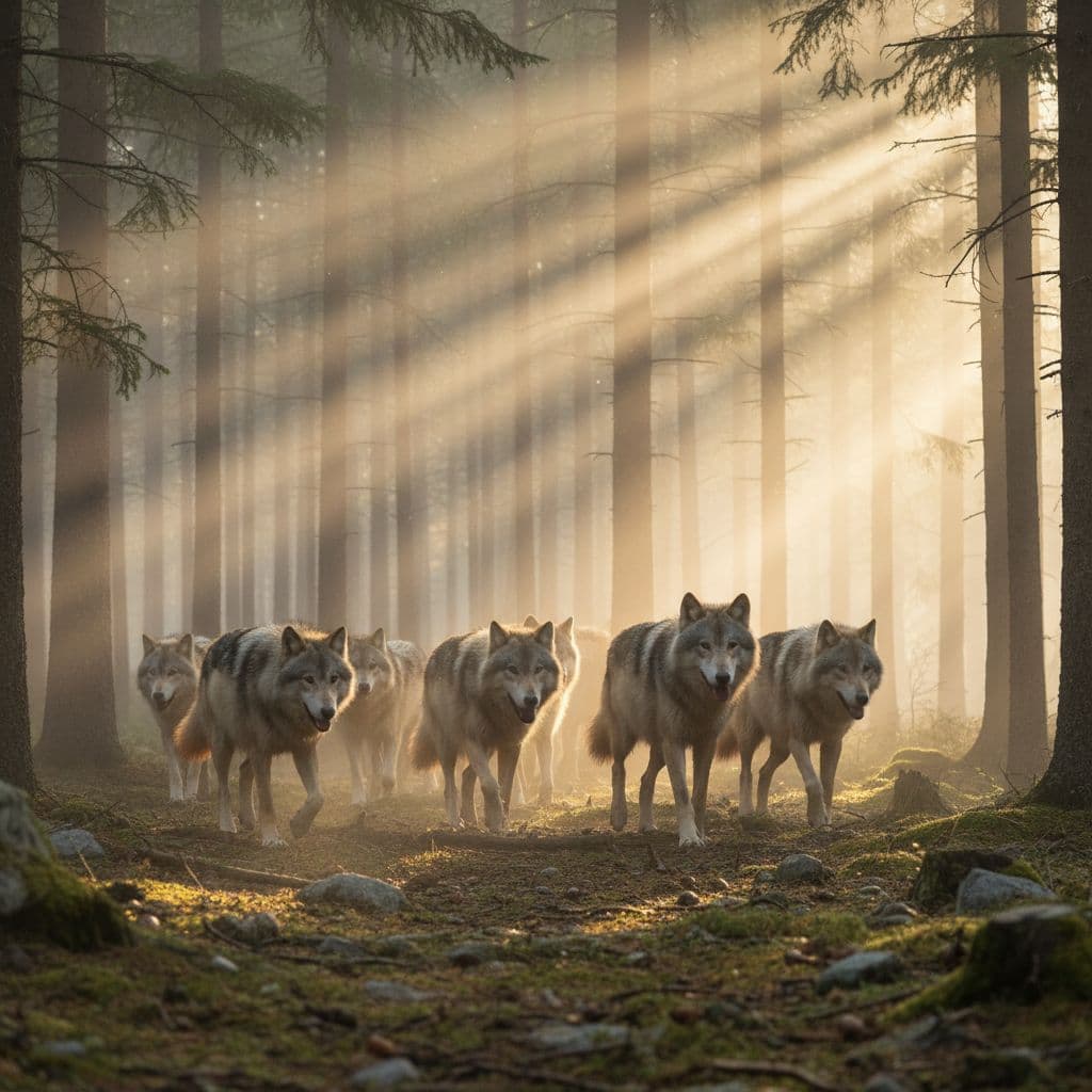 AI generated: A pack of majestic wolves roaming through a misty pine forest at dawn, cinematic lighting, ultra-rea...