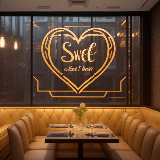 AI generated: Modern and stylish restaurant with window view, large laser-cut metal text "SWEET HEART" is hung on ...