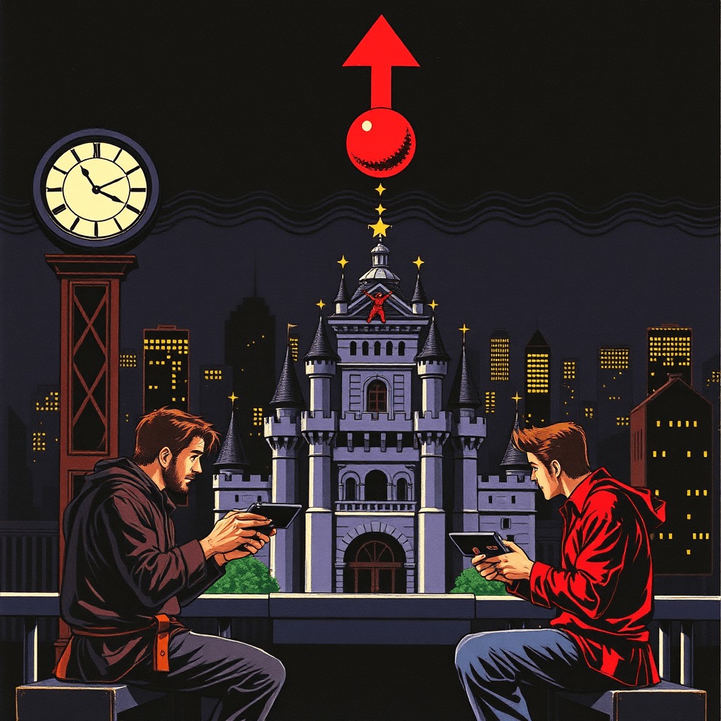 AI generated: a photograph of an old nintendo game with the castle in front and two men on the bottom playing it t...