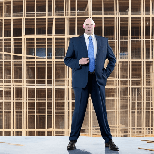 AI generated: bald man in a suit in the middle of a construction