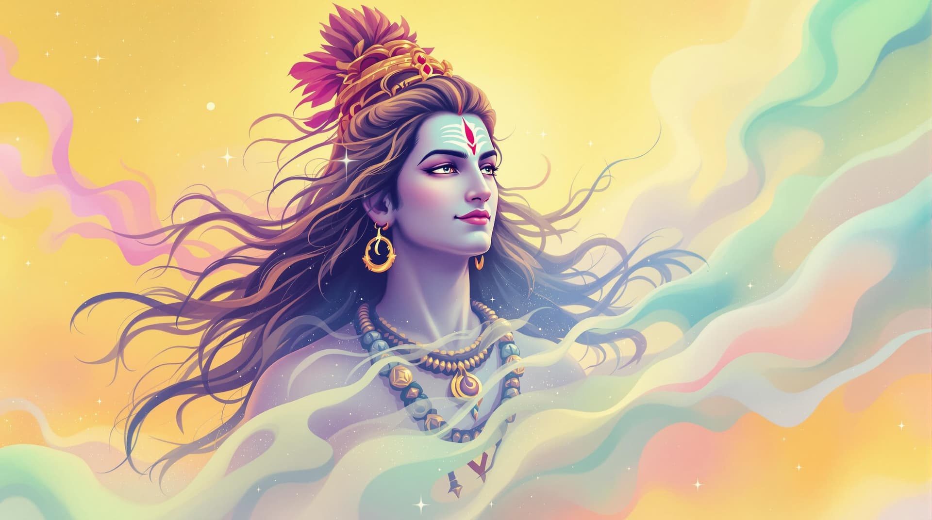 AI generated: "Create a vibrant illustration of Lord Shiva, where his cosmic energy is depicted as a flowing casca...
