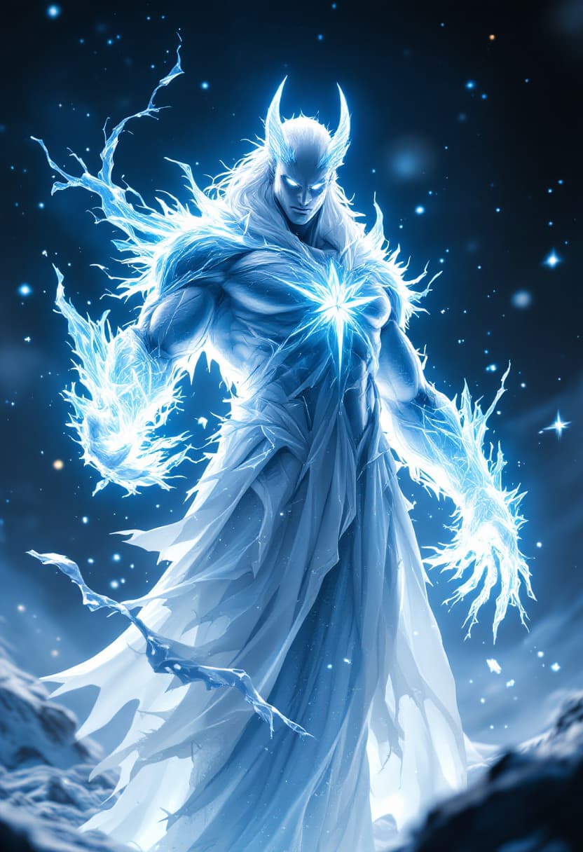 AI generated: God of Ice, full-body, Etherial, muscular, No mouth or hair, Glowing White eyes, epic, cinematic, 8k...