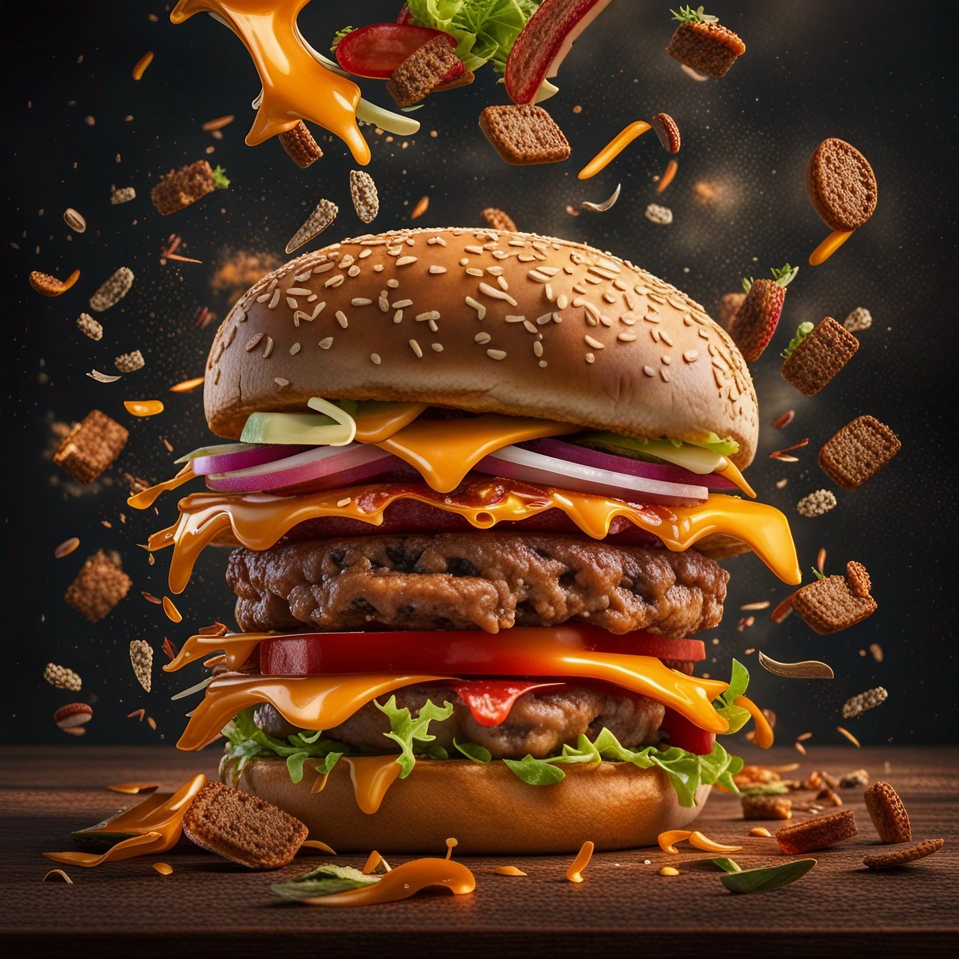 AI generated: A burger falling in pieces juicy, tasty, hot, promotional photo, intricate details, hdr, cinematic, ...