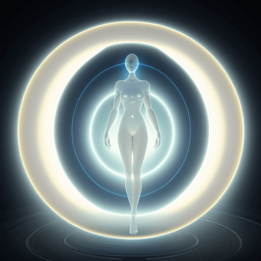AI generated: photo of ultra realistic torus field with human body outline in center of torus, golden light, ether...
